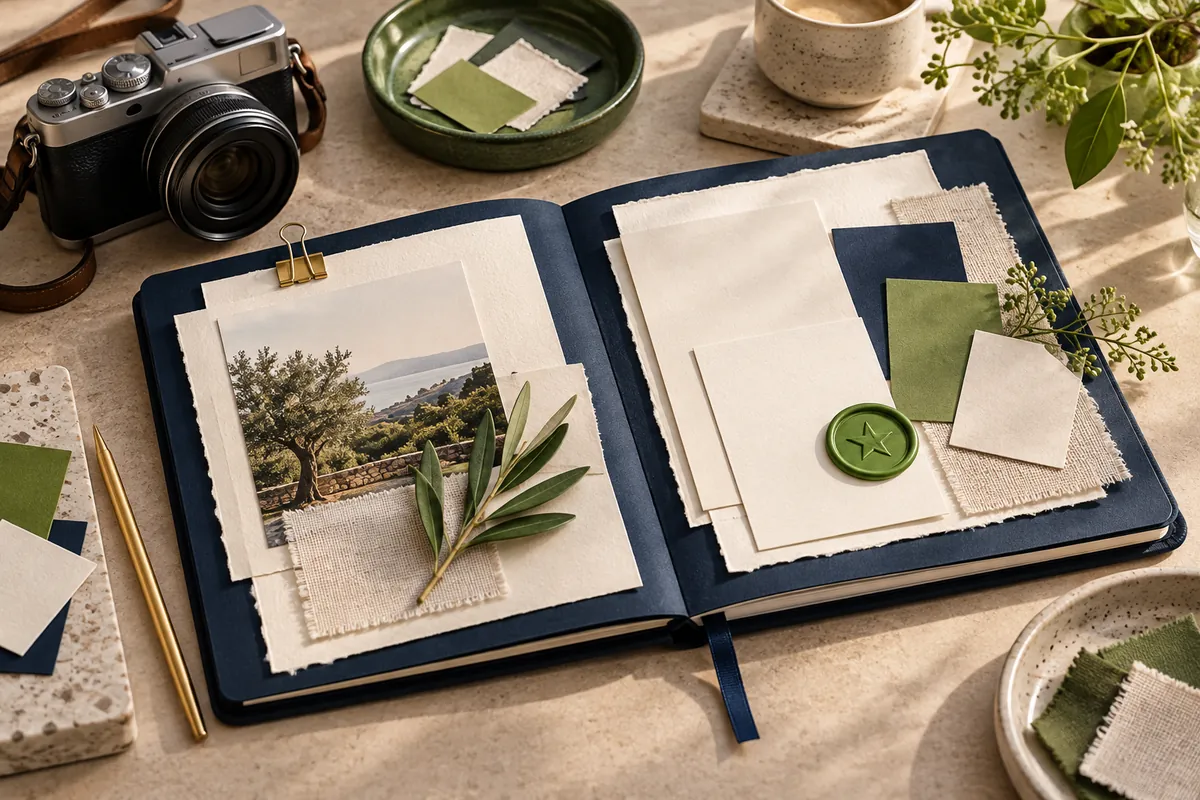 Project notebook, research papers, camera and a star seal illustrating behind-the-scenes work and genuine evidence