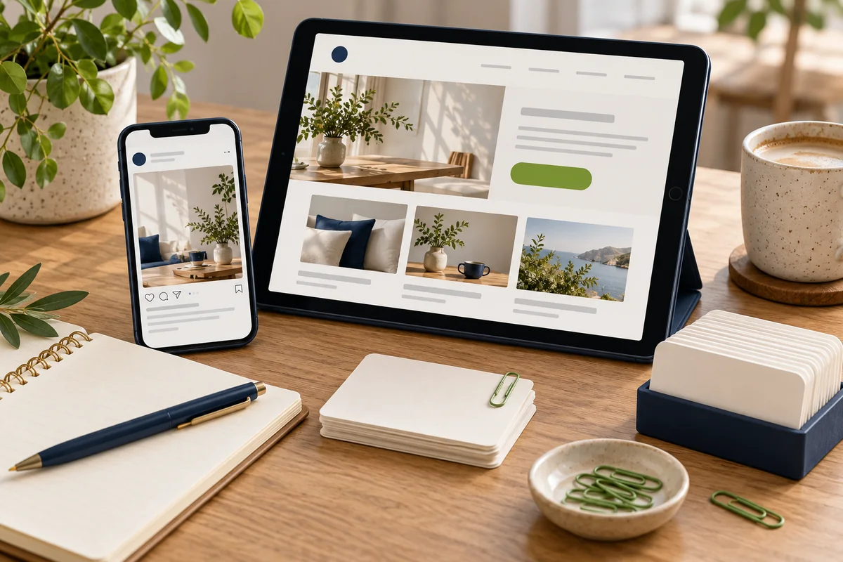 A service website with a prominent green action button on a navy tablet beside a matching social post, inquiry cards and a contact notebook