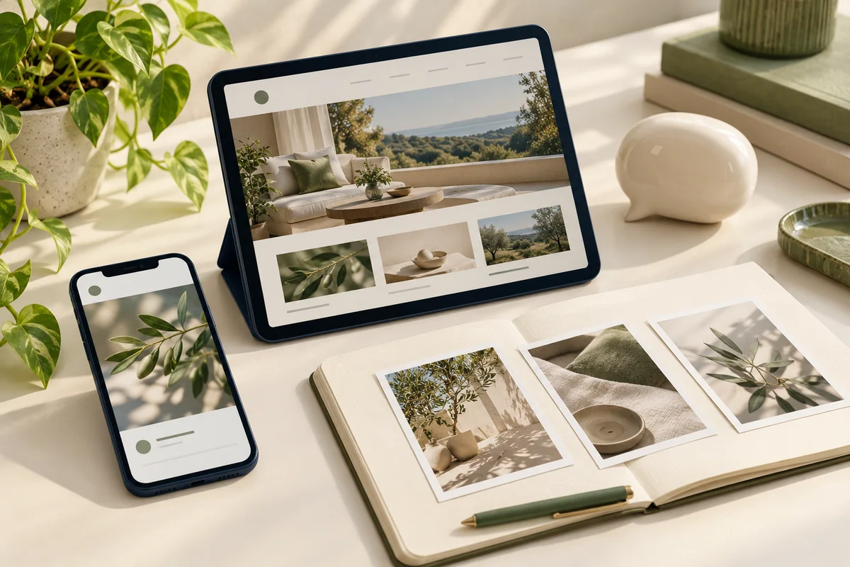 A smartphone, service website on a navy tablet and related content cards representing a connected discovery and business exploration experience