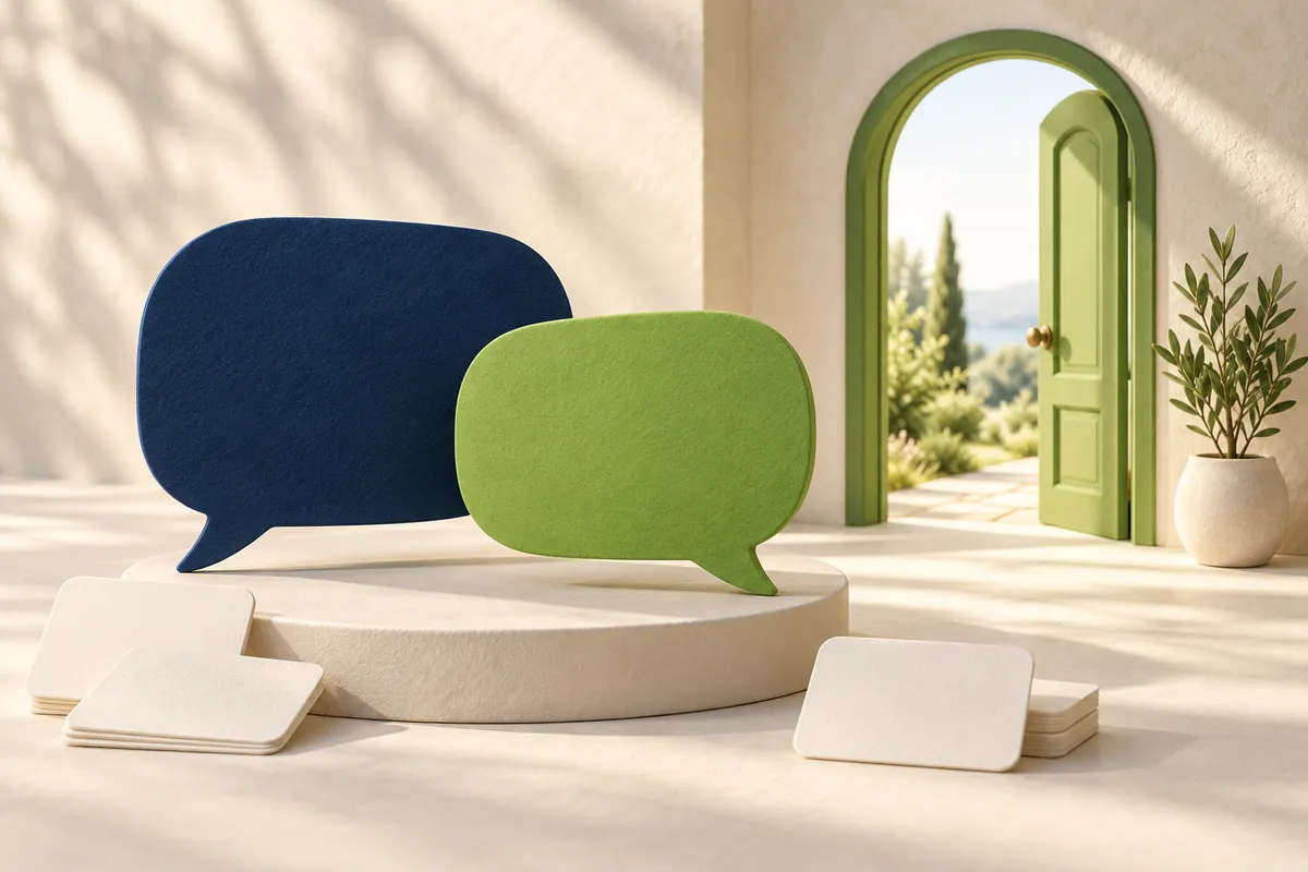 Navy and green conversation bubbles beside an open doorway representing a helpful conversation and a clear next step