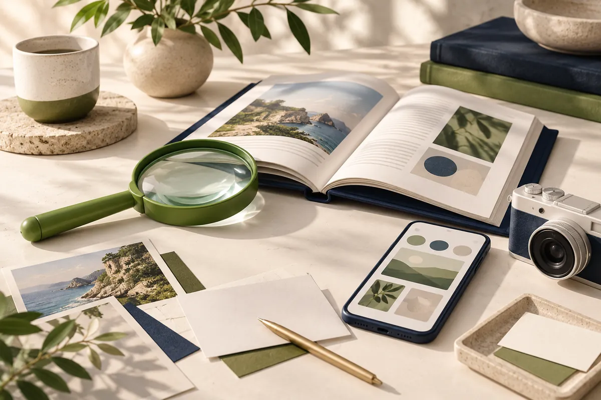 Search, content and social discovery represented by a magnifying glass, open book, smartphone and camera