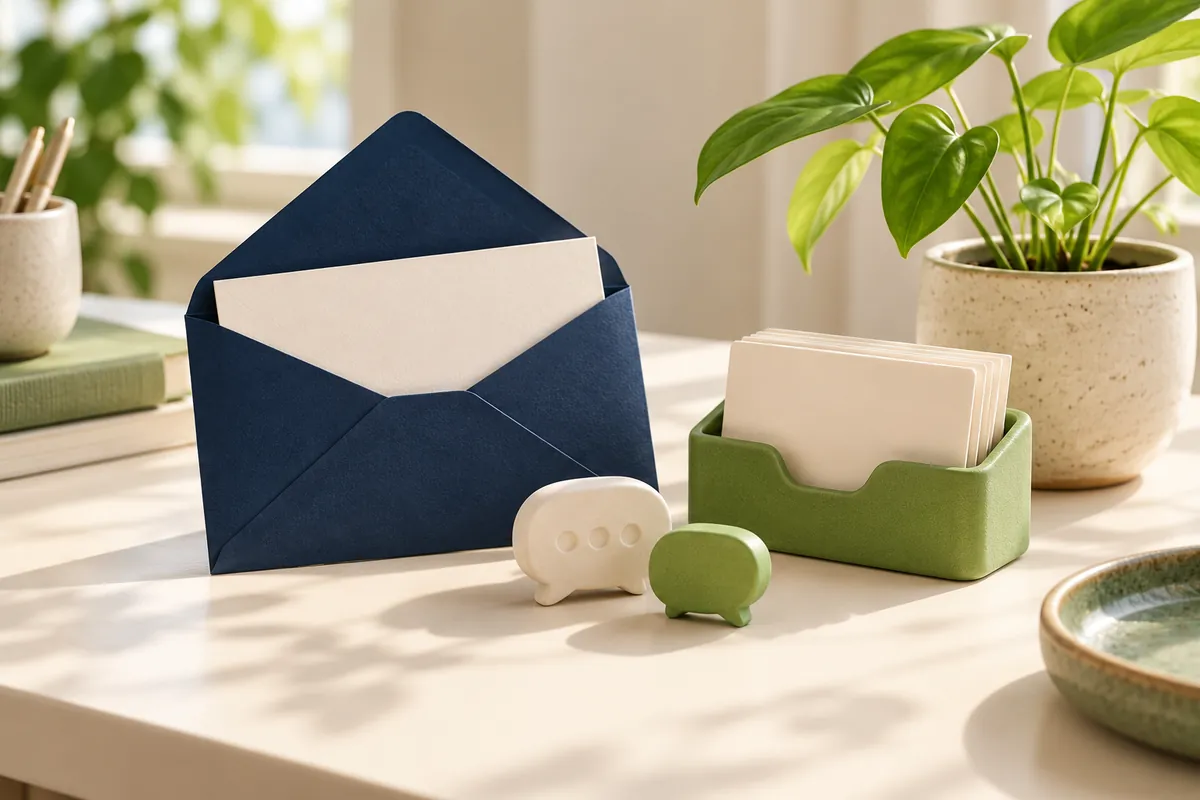 An envelope, organized contact cards, conversation bubbles and a plant representing email follow-up and lasting customer relationships
