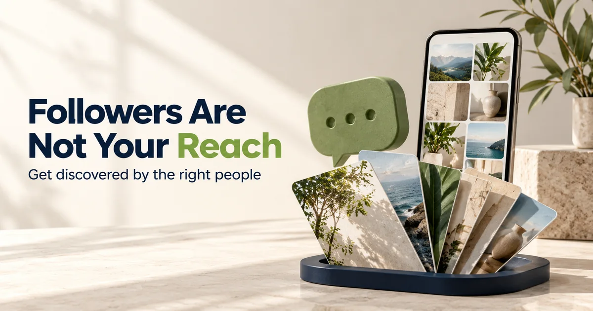 Followers Are Not Your Reach with a smartphone, green conversation bubble and photographic content cards