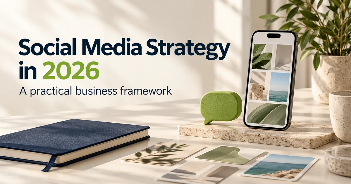 Social Media Strategy in 2026 with a practical business framework, planning cards and a smartphone