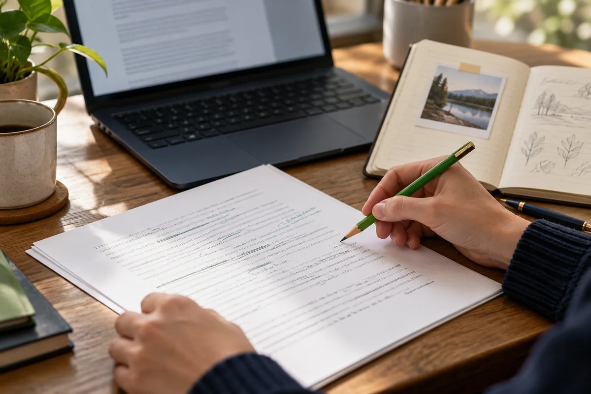 A person reviewing a draft with a green pencil beside a laptop, printed editing marks and a notebook of original observations