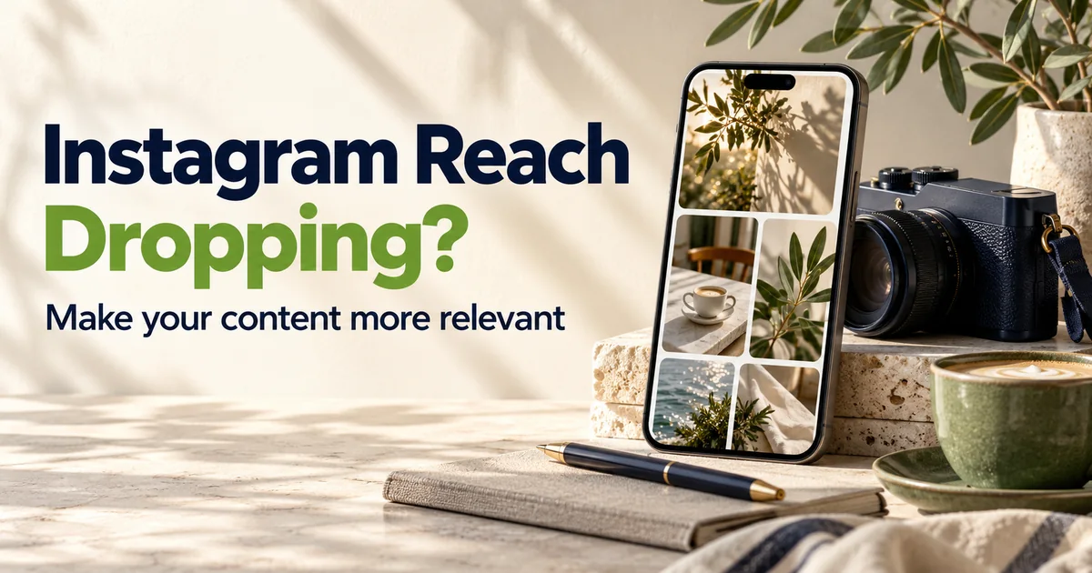 Instagram Reach Dropping? Make your content more relevant, with a smartphone and camera on an ivory desk