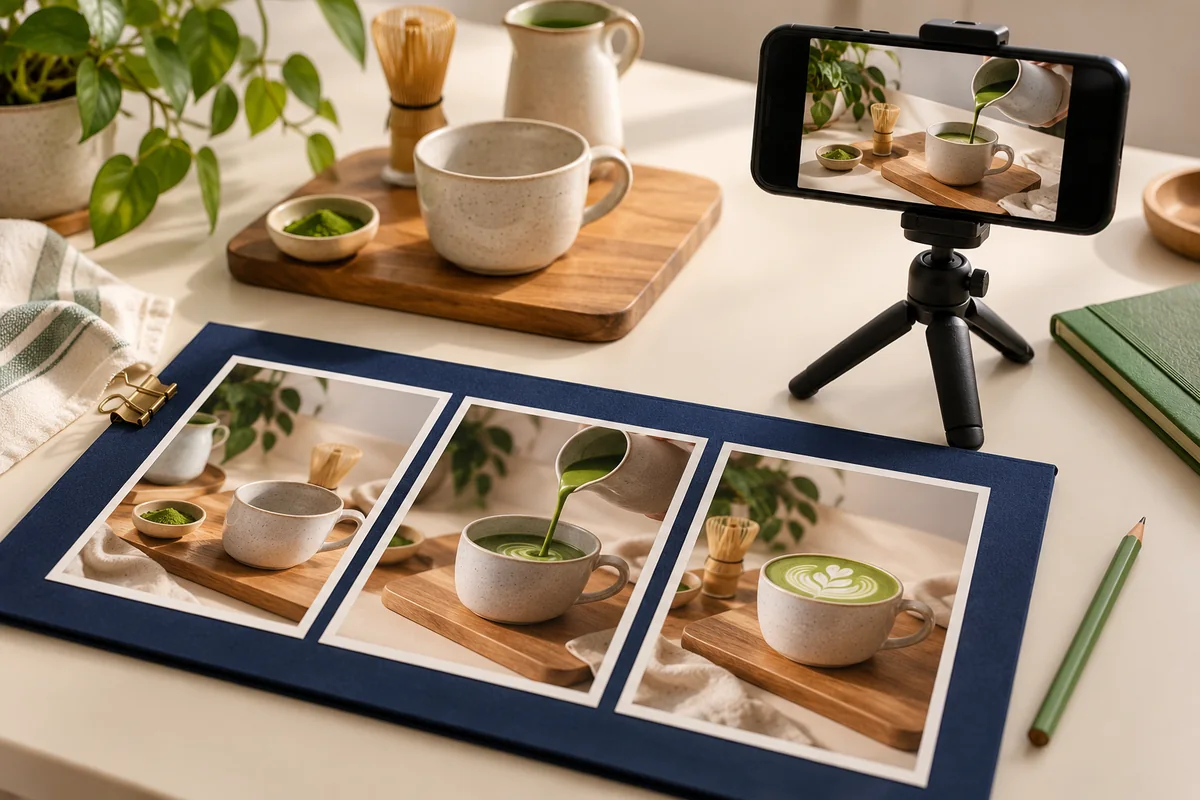 A smartphone on a tabletop tripod, a café demonstration and photographic storyboard frames representing a clear opening for a short video