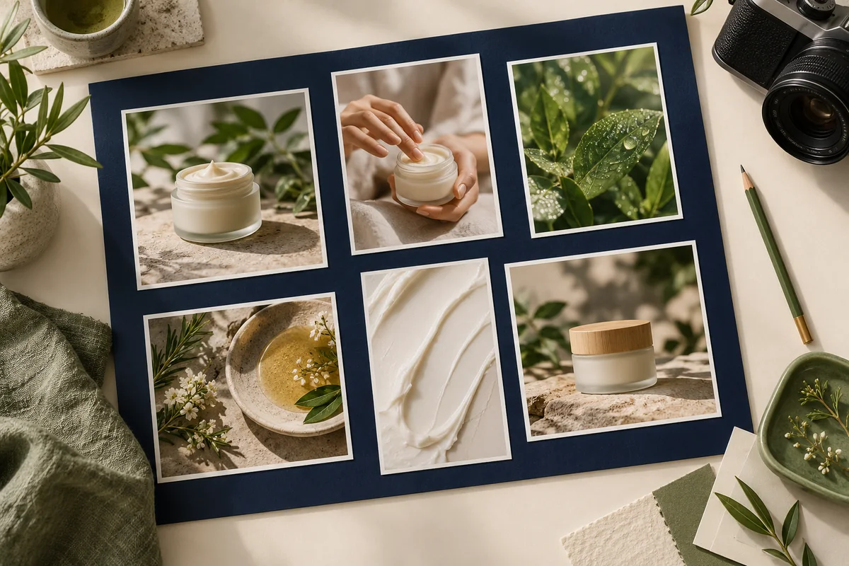 A navy presentation board with varied product photographs, a camera and a green pencil representing a thoughtful ad creative refresh