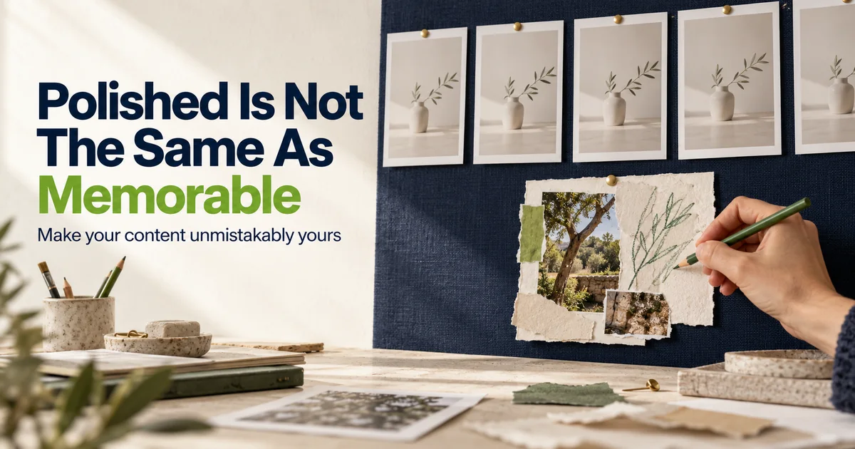 Polished Is Not The Same As Memorable, with a green pencil, creative content cards and a navy pinboard