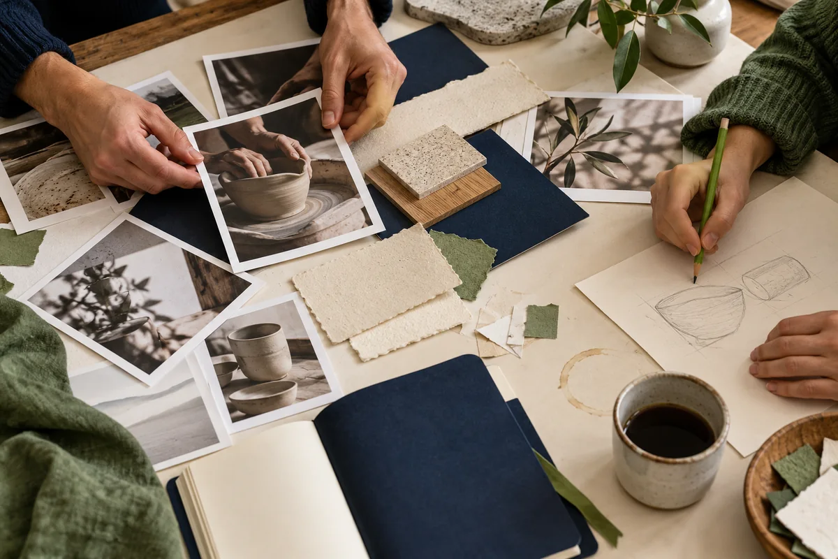 Collaborators arranging photographic prints and paper prototypes, with a green pencil, rough sketches and a navy notebook
