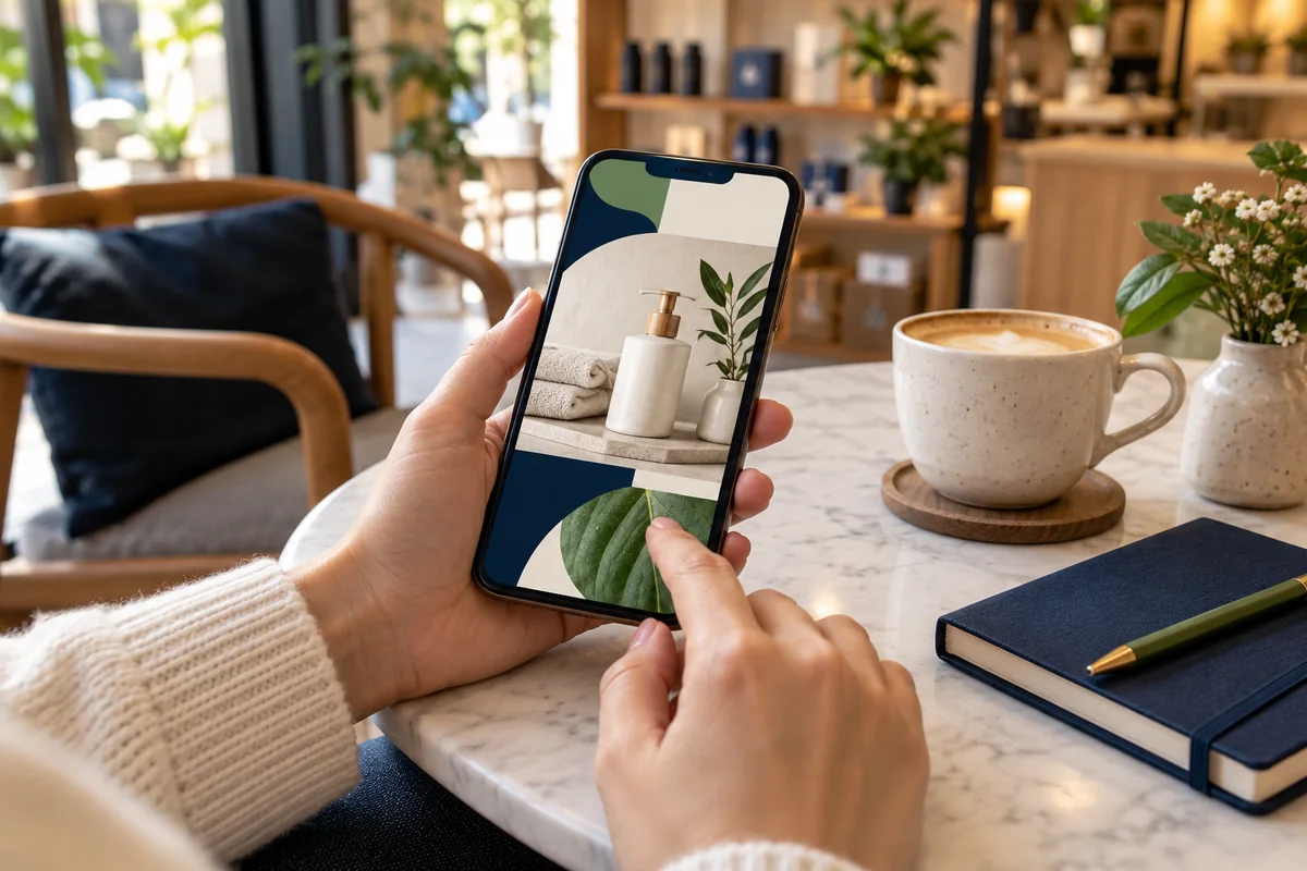 A person discovering useful business content on a smartphone at a bright café table