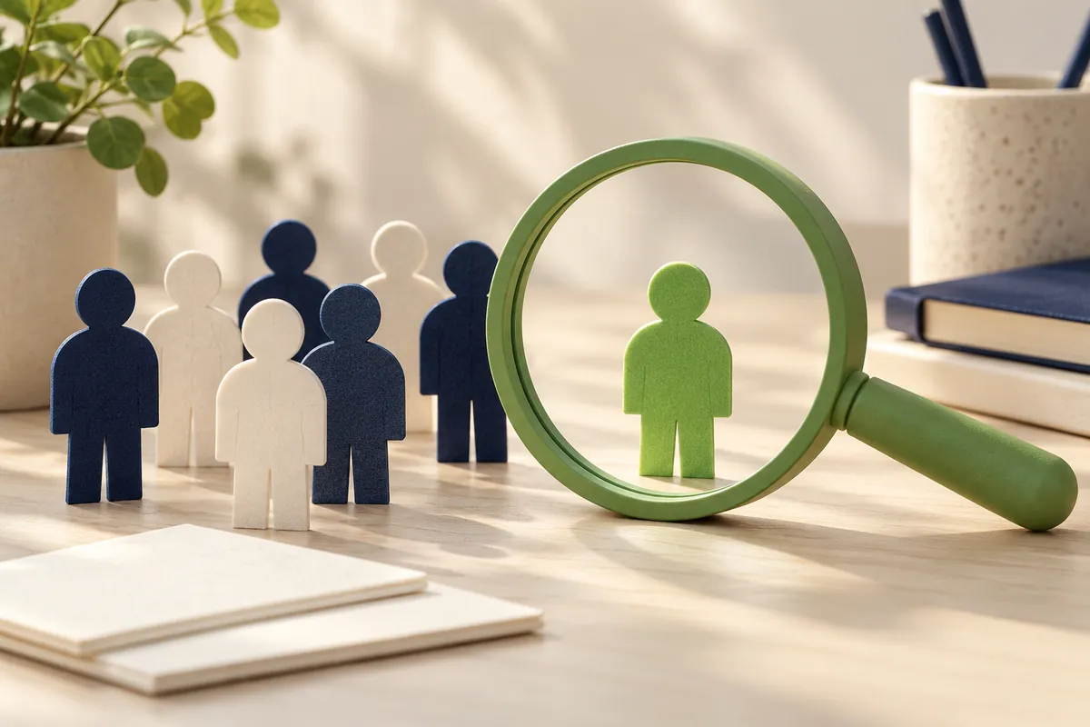 A magnifying glass and paper figures illustrating a more focused understanding of the target audience