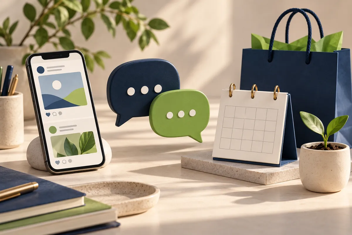 A social media phone, customer conversation symbols, appointment calendar and shopping bag representing business outcomes