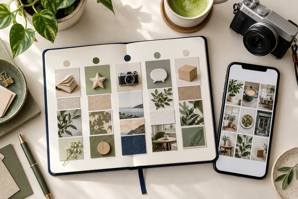 A notebook, five visual planning groups, a smartphone and a camera representing focused content pillars and platform choices