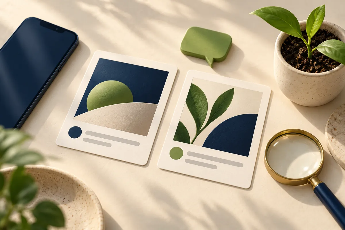Two different content cards beside a phone and conversation bubble representing testing, listening and improvement