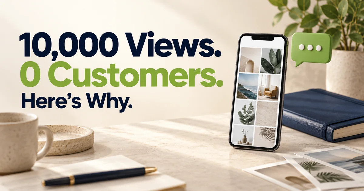 Illustrative cover reading 10,000 Views, 0 Customers, Here's Why, with a smartphone and navy appointment notebook
