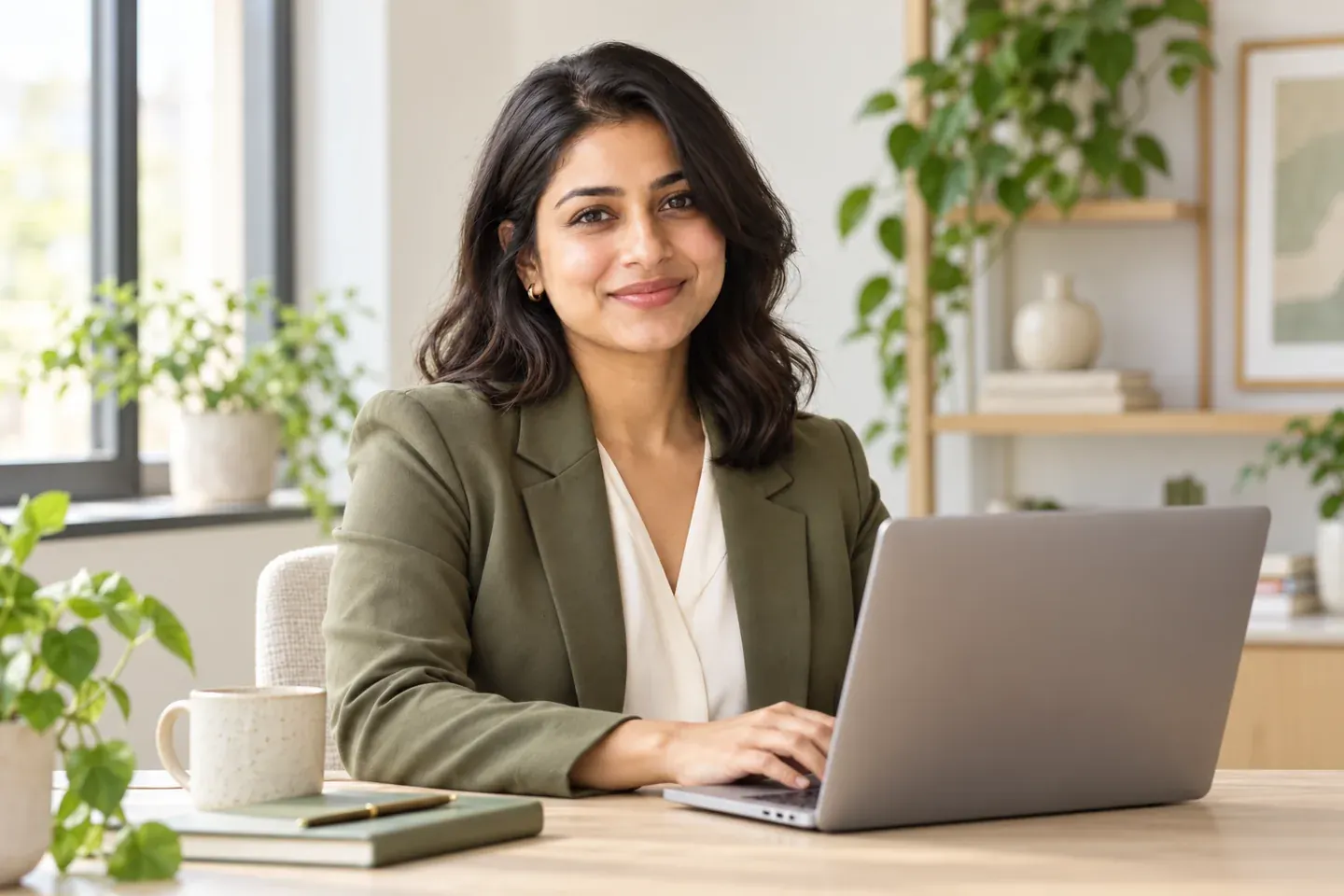 AI-generated sample image of a female professional working at a laptop; not Zainab Abdullah